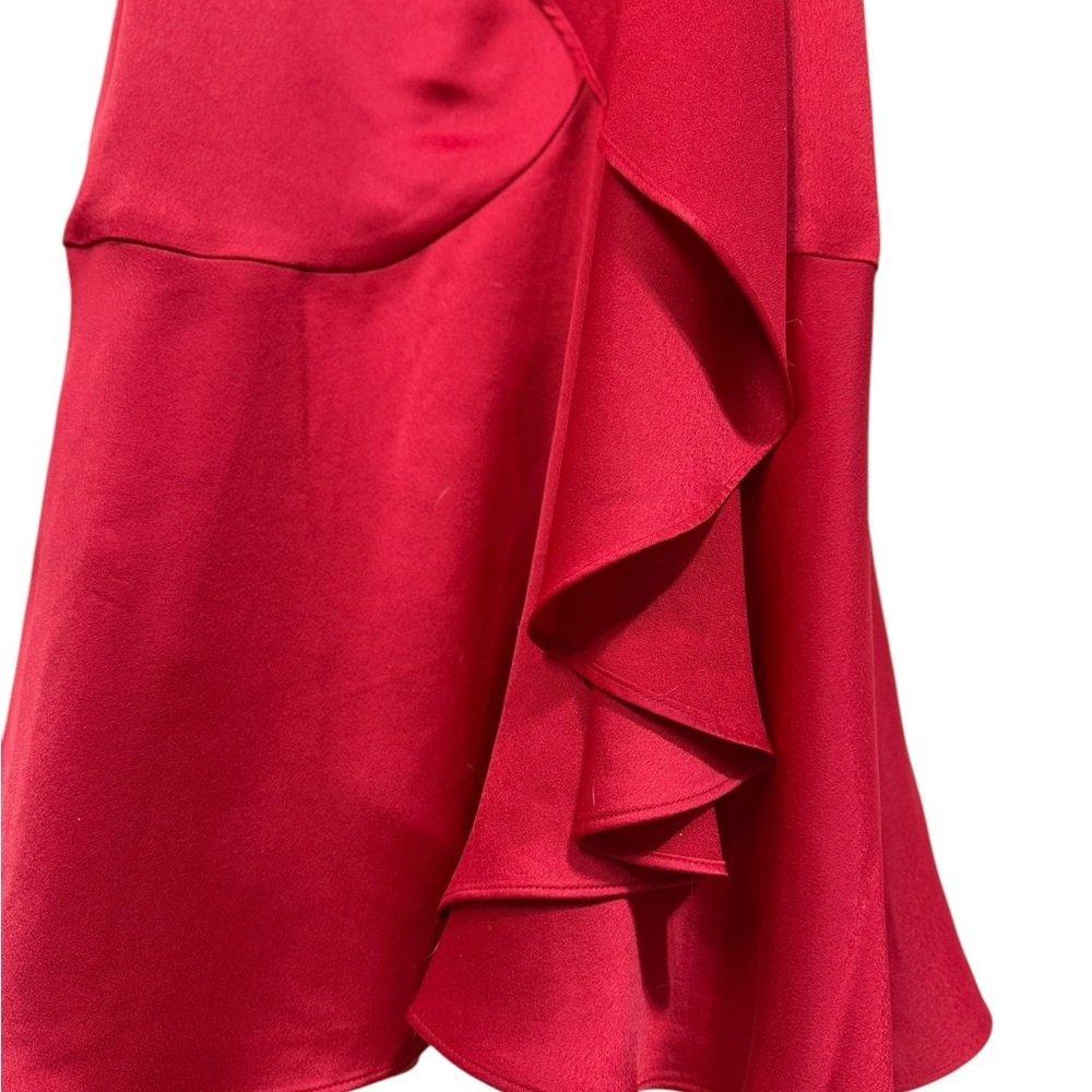Women's V neck Ruffle Front Red Satin Crepe belted Gown 
Size 8 - Picture 10 of 11